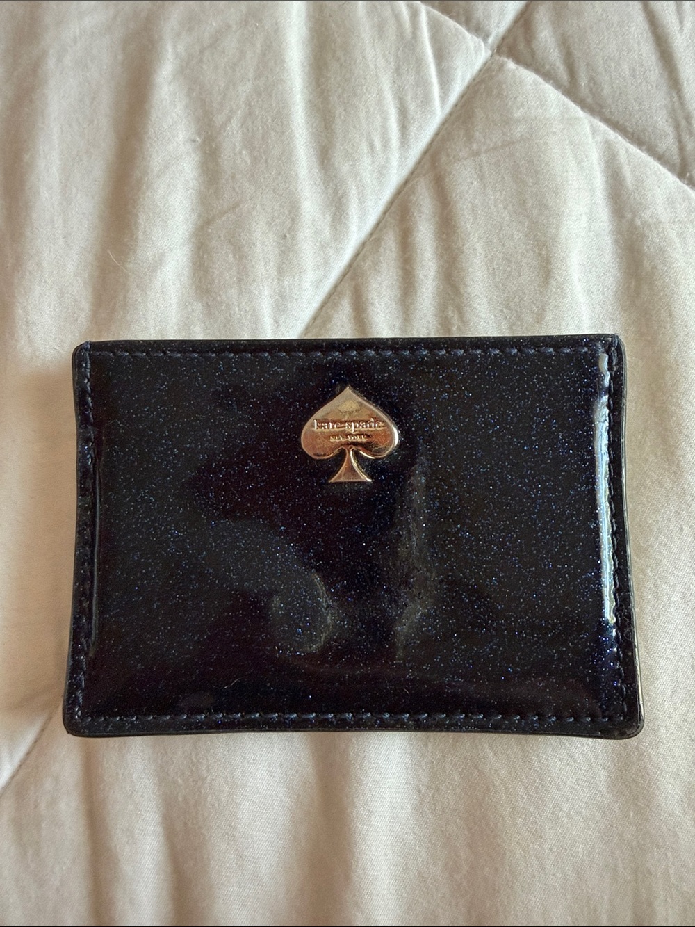 kate spade Black Patent Glitter Card Holder with Spade Accent